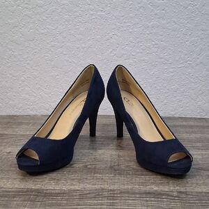 Navy Peep Toe Suede Heels